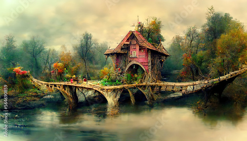 Fairy house on the river and wooden bridge