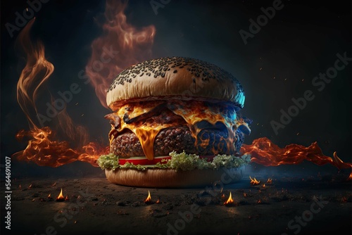 portrait Tasty Hot burger publicity on wooden table ,Cinematic kitchen background, cheese crust seafood topping sauce vegetables delicious fast food,photography,Generative ai	 photo