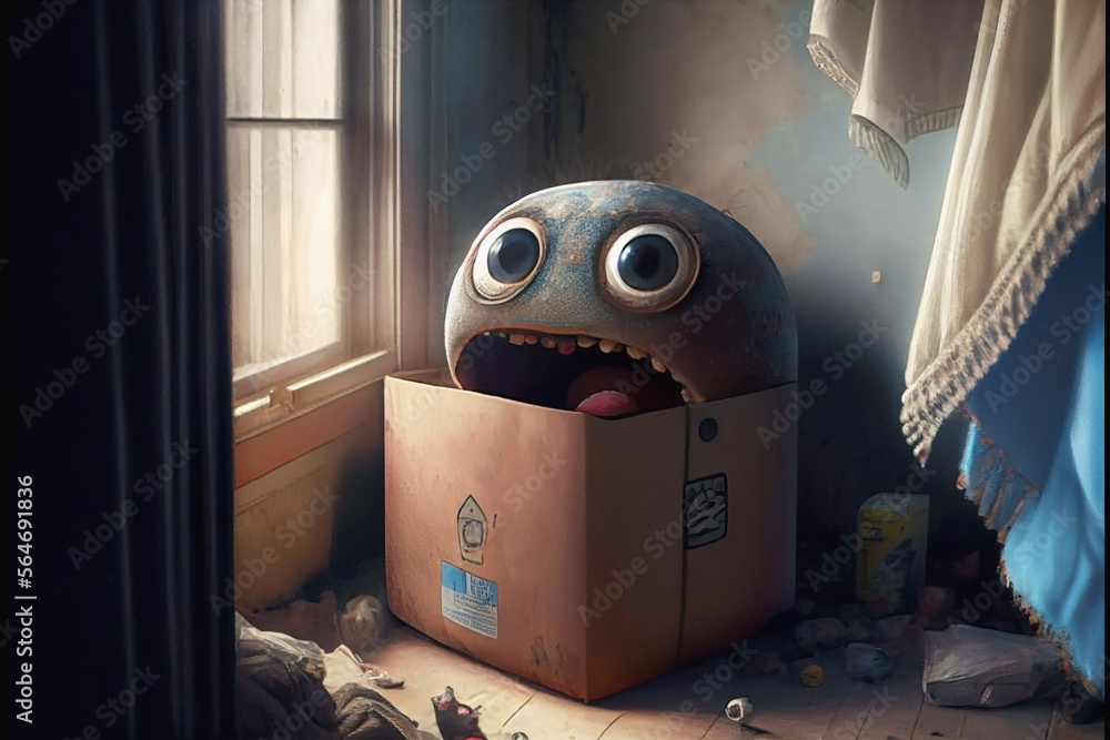 cute adorable scared monster hiding in a cardboard box, generative ai