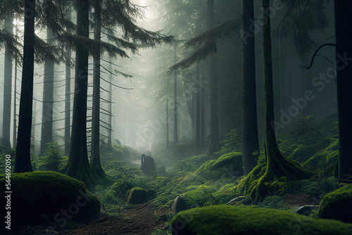 Green forest with fog, Generative AI photo
