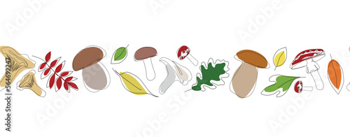 Seamless banner different types of mushrooms in single continuous line drawing style. Sketch hand drawn illustration. Mushroom vector set in outline with colored elements.