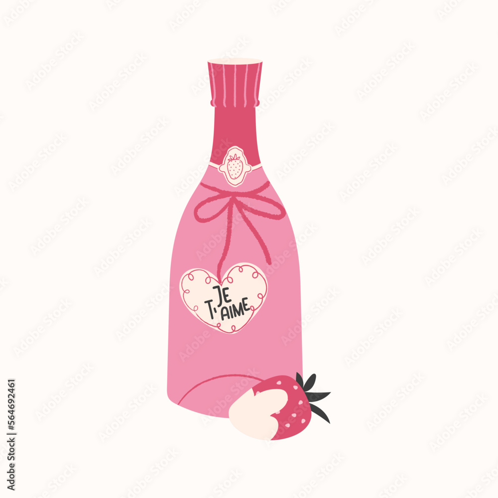 Pink champagne bottle with heart, strawberry and Je t'aime text. Happy Valentine's Day card vector Illustration isolated on white background Pink champagne bottle with heart, strawberry and Je t'aime text. Happy Valentine's Day card vector Illustration isolated on white background