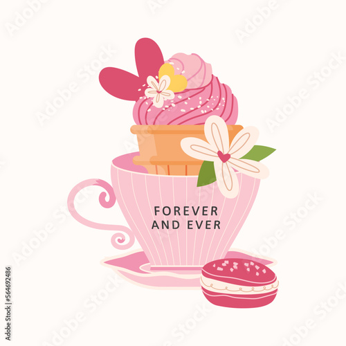 Cute pink cup with sweets, heart, flower, macaroon and forever and ever text isolated on white background. Happy Valentines card Vector romantic illustration