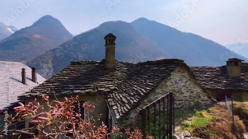 Panorama of Brontallo stone roofs, Val Lavizzara, Switzerland photo