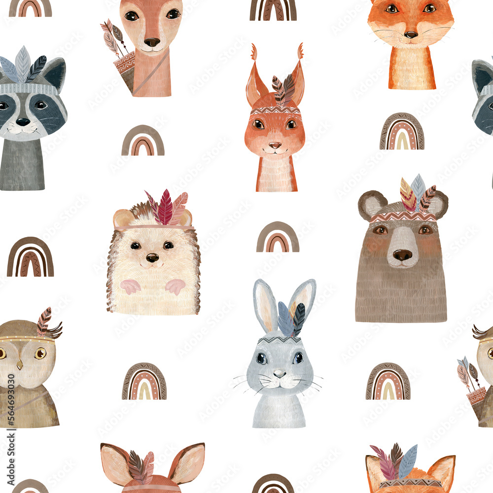 Obraz premium Watercolor seamless pattern with boho animals. Hand drawn illustration for fabric, wrapping paper, etc.
