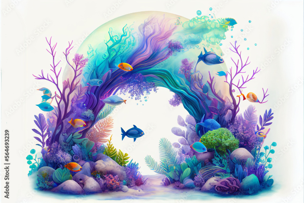 Imaginative, colorful illustration of cute fantasy underwater environment, generative ai, digital art, isolated on white background