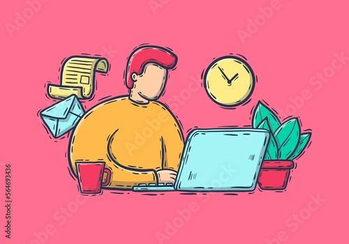 Illustration of person with laptop  man working with computer sending emails and documents  work from home  worker  telecommuting  internet  invoices  files