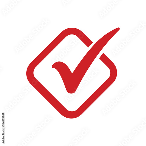 Red check mark icon in a box. Tick symbol in red color, vector illustration