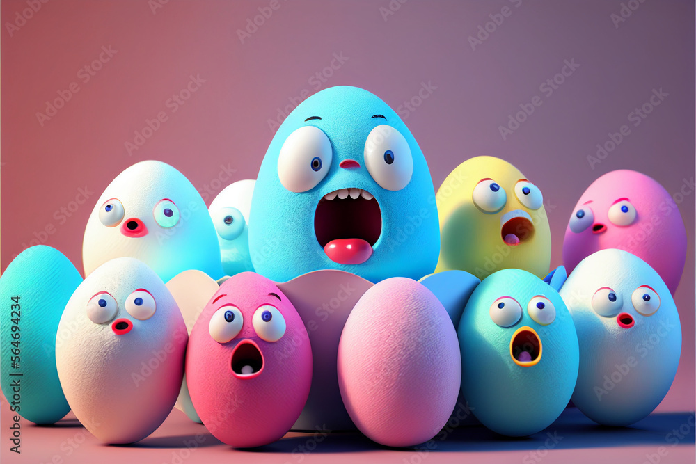 Colorful Easter eggs in a group of characters with faces of surprise and fear in their eyes, a fun concept for the spring Easter holiday. Generative AI Colorful Easter eggs in a group of characters with faces of surprise and fear in their eyes, a fun concept for the spring Easter holiday. Generative AI