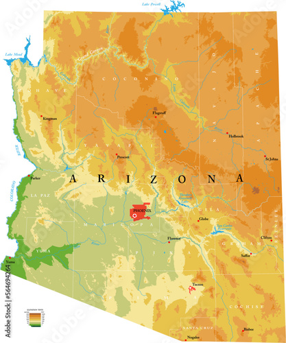 Arizona highly detailed physical map