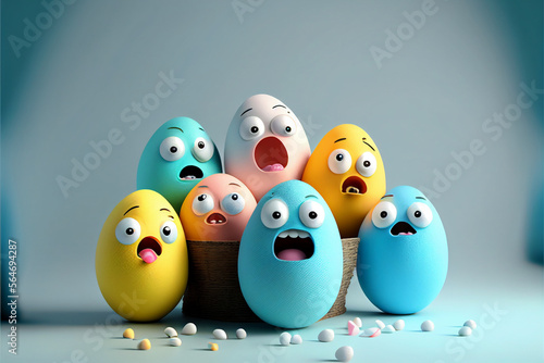 Colorful Easter eggs in a group of characters with faces of surprise and fear in their eyes, a fun concept for the spring Easter holiday. Generative AI