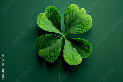 Four-leaf green clover for good luck on St. Patrick's Day, dark green background, holiday of spring, plant clover symbol. Generative AI