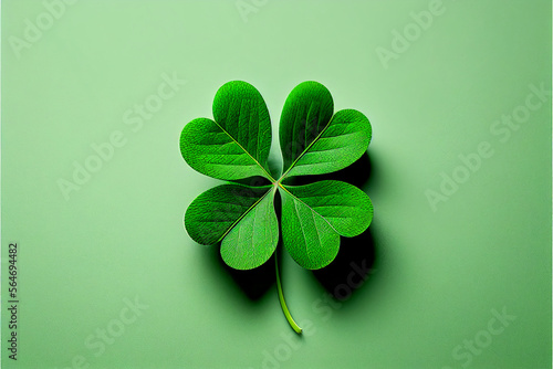 Four-leaf green clover for good luck on St. Patrick's Day, bright green background, holiday concept of spring, plant clover symbol. Generative AI