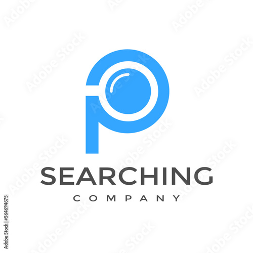 P Letter or font with magnifying glass vector logo template. This alphabet can be used for searching, discovery business.