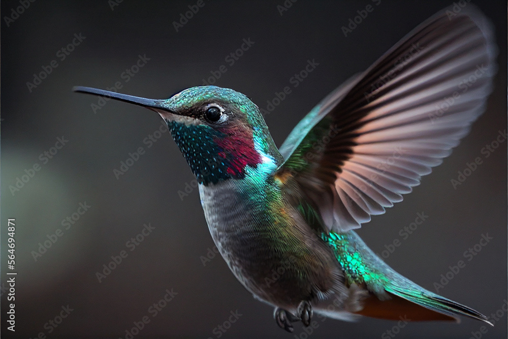 Naklejka premium Hummingbird in flight close-up, against a background of tropical forest and plants. Generative AI