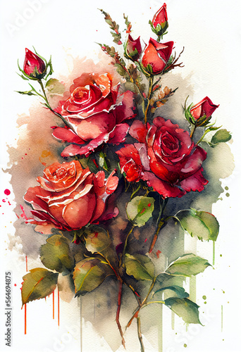 Abstract watercolor bouquet of red roses isolated on white background. Generative AI.