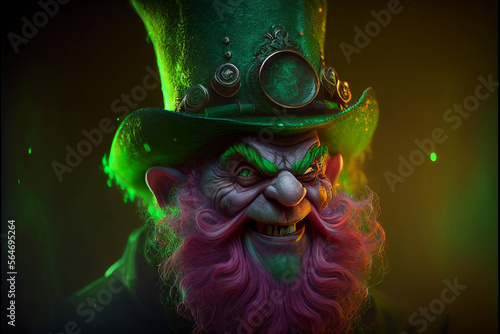 Fairy tale character leprechaun portrait in green hat and costume with good luck clover and green burning eyes, red beard, Ireland. St. Patrick's Day holiday. Generative AI photo