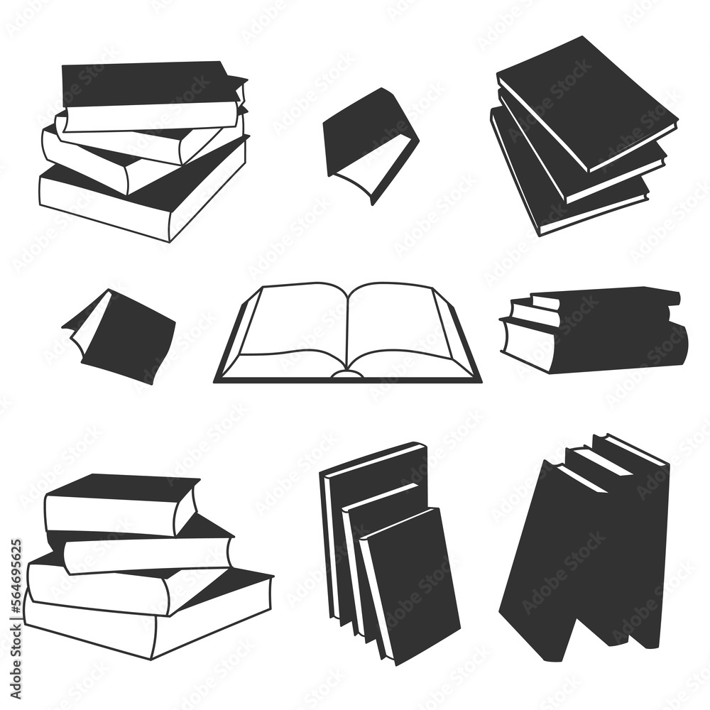 Set of silhouettes of books, stacks and open book, vector set isolated on white background Set of silhouettes of books, stacks and open book, vector set isolated on white background