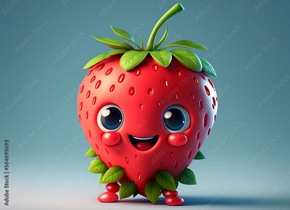 Fototapeta premium Cute and Happy Strawberry Cartoon Character in Front of a Studio Background, Kawaii. Generative AI