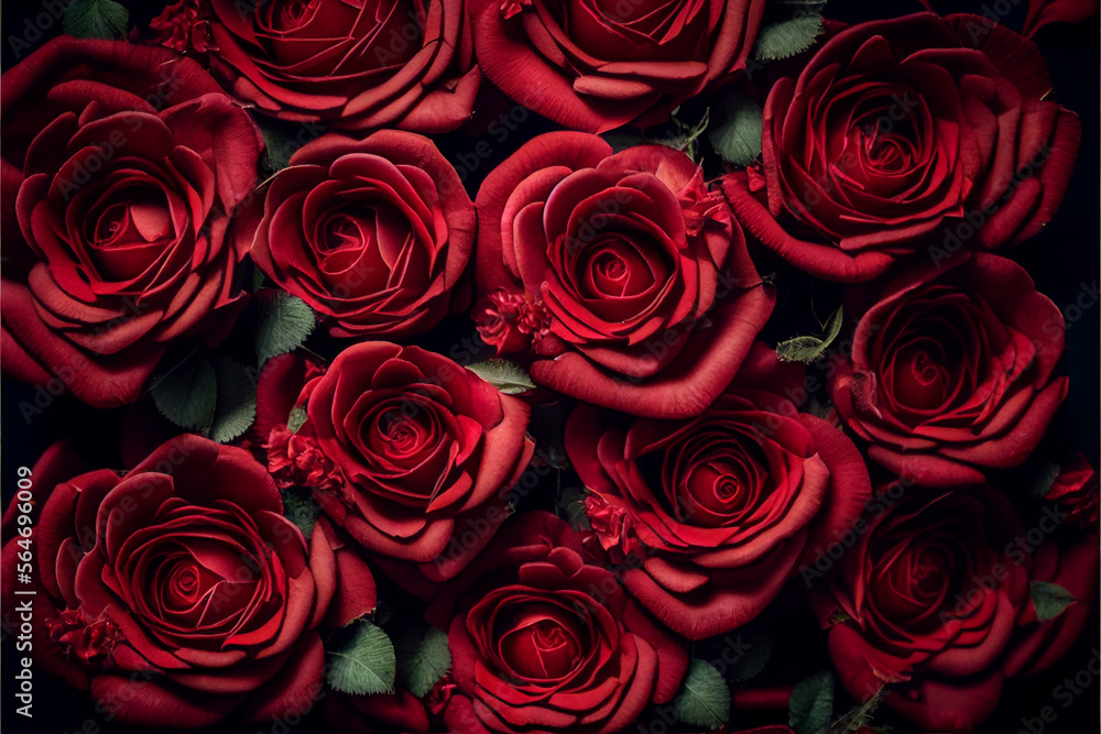 Large bouquet of red roses close-up with open buds, holiday gift for Valentine's Day, Mother's Day, wedding arrangement. Generative AI Large bouquet of red roses close-up with open buds, holiday gift for Valentine's Day, Mother's Day, wedding arrangement. Generative AI