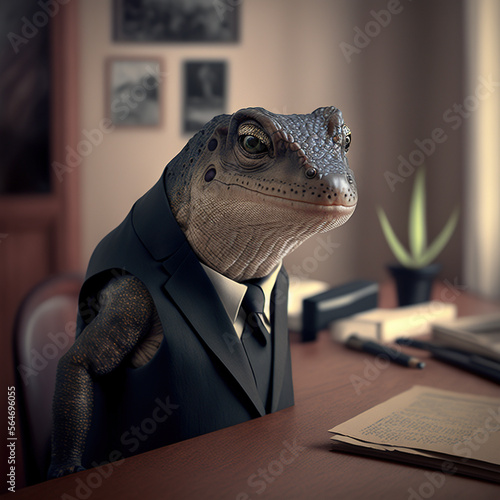 Portrait of a lizard in business suit in the office. Generative AI. © Martin