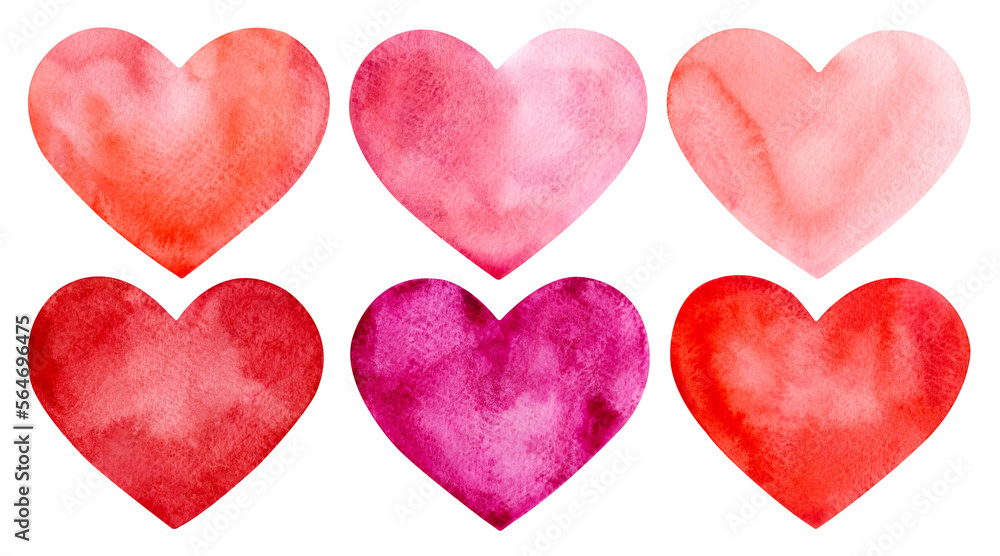 Set of hand painted watercolor hearts isolated on a white background.