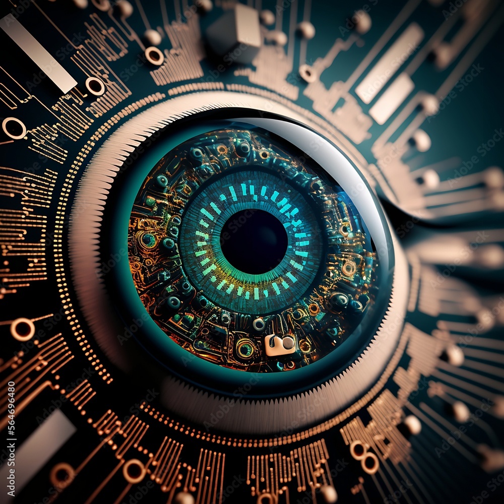 Fototapeta premium Robotic eye circuit board with microchips