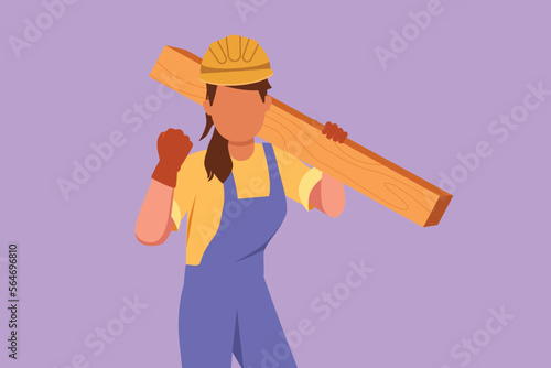 Graphic flat design drawing female carpenter carrying wooden board with celebrate gesture, working in workshop making wooden product. Skills in using carpentry tool. Cartoon style vector illustration