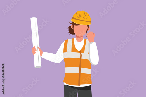 Character flat drawing female architect wearing vest and helmet with celebrate gesture, carrying blueprint paper for the building work plan. Builder on work at site. Cartoon design vector illustration