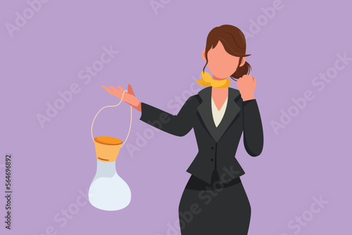 Cartoon flat style drawing of flight attendant holding air mask with celebrate gesture demonstrate emergency situation in cabin plane. Serve passengers in airplane. Graphic design vector illustration
