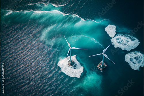 Windmills in the ocean generate clean green energy from the wind in the sea, eco-technology to generate electricity in nature. Generative AI