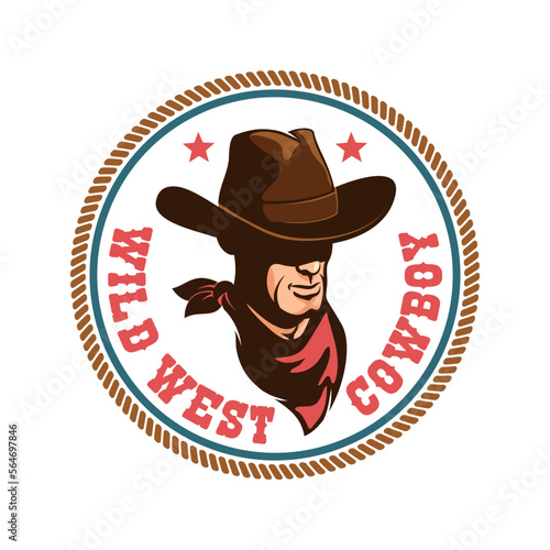 Western cowboy badge. Wild west logo with cowboy in hat. Vector illustration.