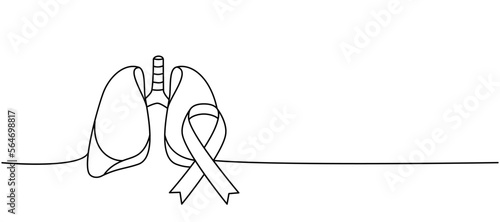 Lungs with ribbon one line continuous drawing. Cancer awareness ribbon, AIDS tape continuous one line illustration. Isolated on white background.