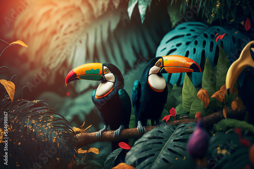 Illustration of a tropical rainforest with toucans. Generative ai