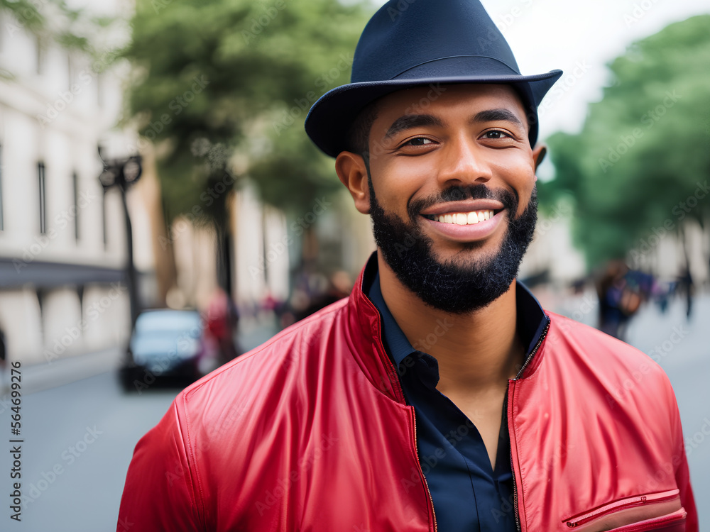 Young black afroamerican man portrait with hat and red leather jacket. Generative AI Young black afroamerican man portrait with hat and red leather jacket. Generative AI