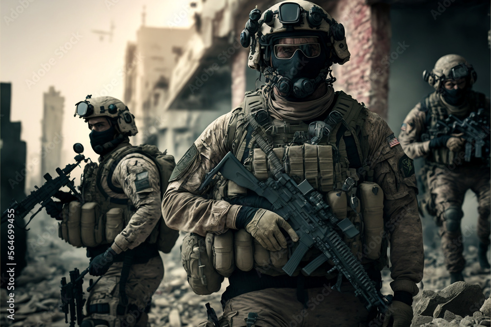 Special Military Forces in Full Tactical Gear, Destroyed buildings at background, Wartime, Battlefield Illustration
