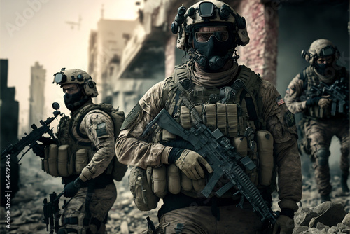 Special Military Forces in Full Tactical Gear, Destroyed buildings at background, Wartime, Battlefield Illustration