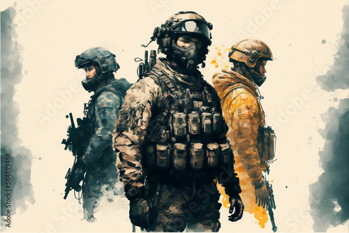 Military Forces in Full Tactical Gear, Wartime, Battlefield Illustration