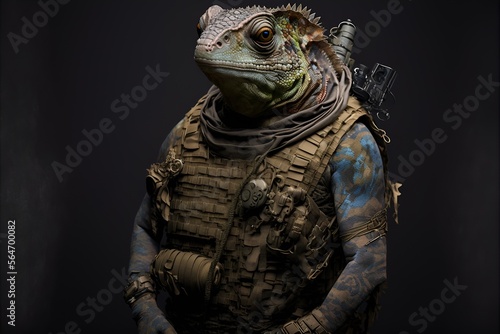 Portrait of a chameleon in a tactical vest  tattoos  lizard  generative ai