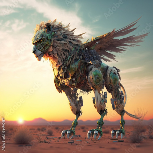 cyberpunk griffin in the desert with flowers in the form of a lion