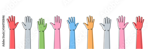 Raised hands one line colored continuous drawing. Public opinion, user feedback continuous colorful one line illustration. Vector linear illustration.