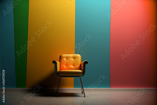 Living room with colorful, vivid empty wall, vintage style armchair, vivid colors