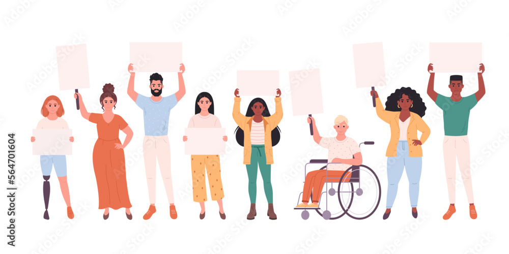People of different race holding clean empty banners and placards. Activism, social movement. Democracy, rally and protest. People with physical disability. Vector illustration in flat style
