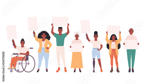 Black people of different age holding clean empty banners and placards. Activism, social movement. Democracy, rally and protest. People with physical disability. Vector illustration in flat style