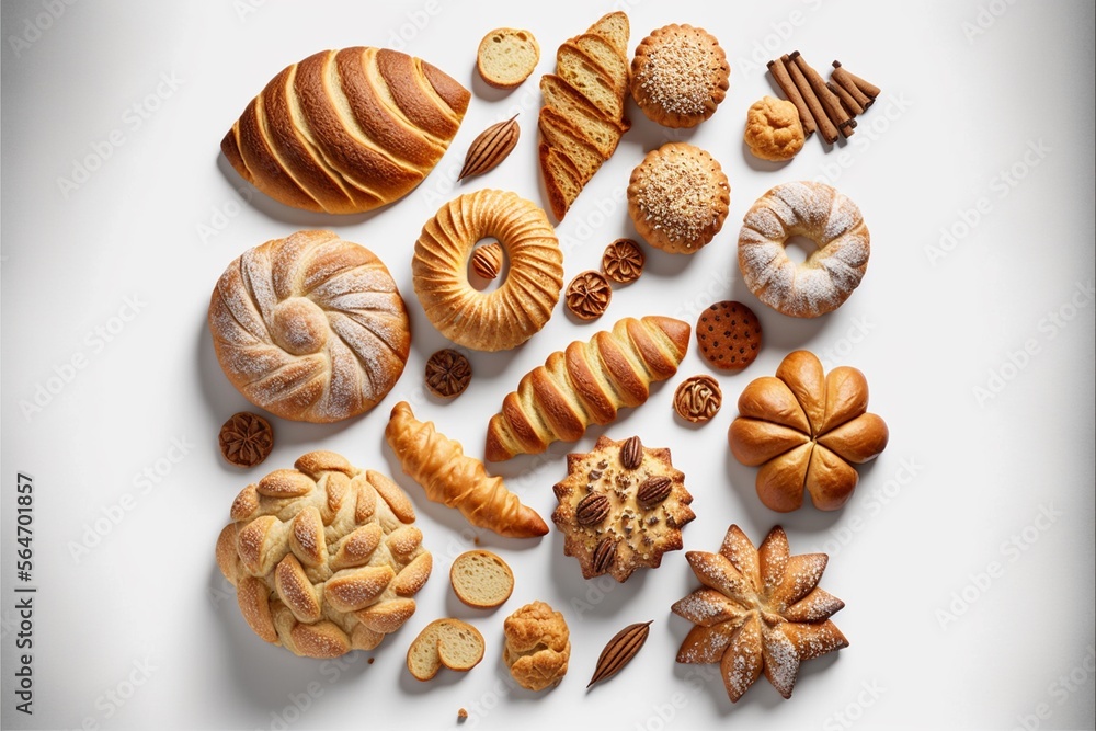 Backwaren Sortiment, Brot, Bagel, Brötchen und andere, ai generativ Backwaren Sortiment, Brot, Bagel, Brötchen und andere, ai generativ