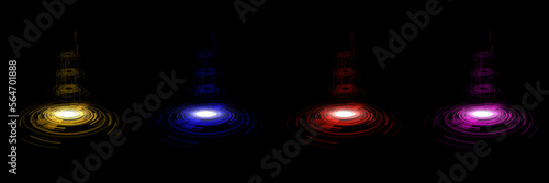 Futuristic hologram, realistic teleportation portals set. Vector illustration of light aura and glowing hologram. Energy circles and rays on black background. Portal, magic teleport or level up effect