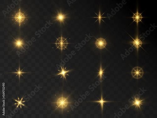 Set of stars light effects for web design and illustrations golden glowing light png vector.