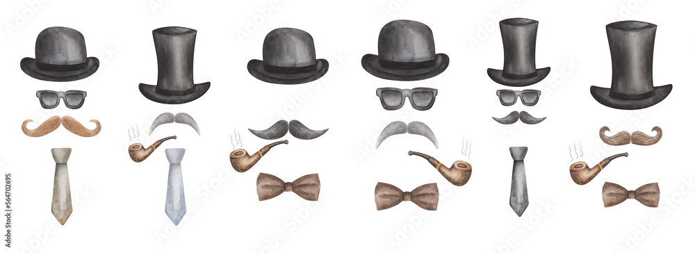 Watercolor illustration. Hand painted set of gentlemen. Men silhouettes from glasses, moustaches, black bowler, top hat, bow tie, brown smoking pipe. Prints for business man cards, postcards, banners Watercolor illustration. Hand painted set of gentlemen. Men silhouettes from glasses, moustaches, black bowler, top hat, bow tie, brown smoking pipe. Prints for business man cards, postcards, banners