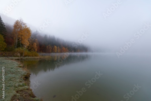 Beautiful misty autumn morning,Saint Ana Lake, Romania