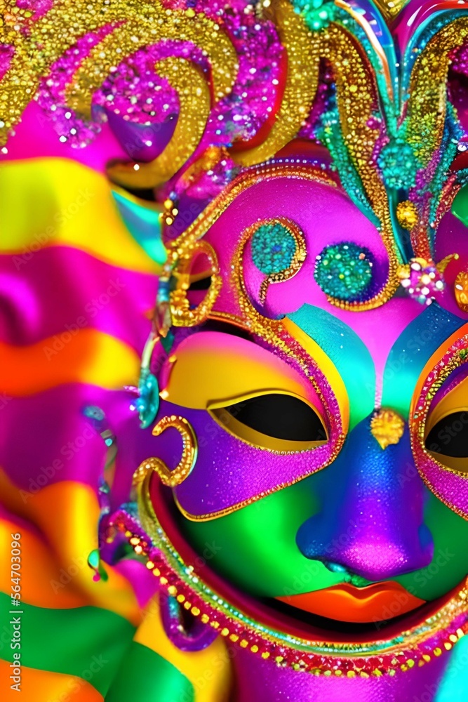 mask with gradient paint, super fashion carnival costume, jewel, flashy, colorful and bright, blurred background, very close view. Generative Ai